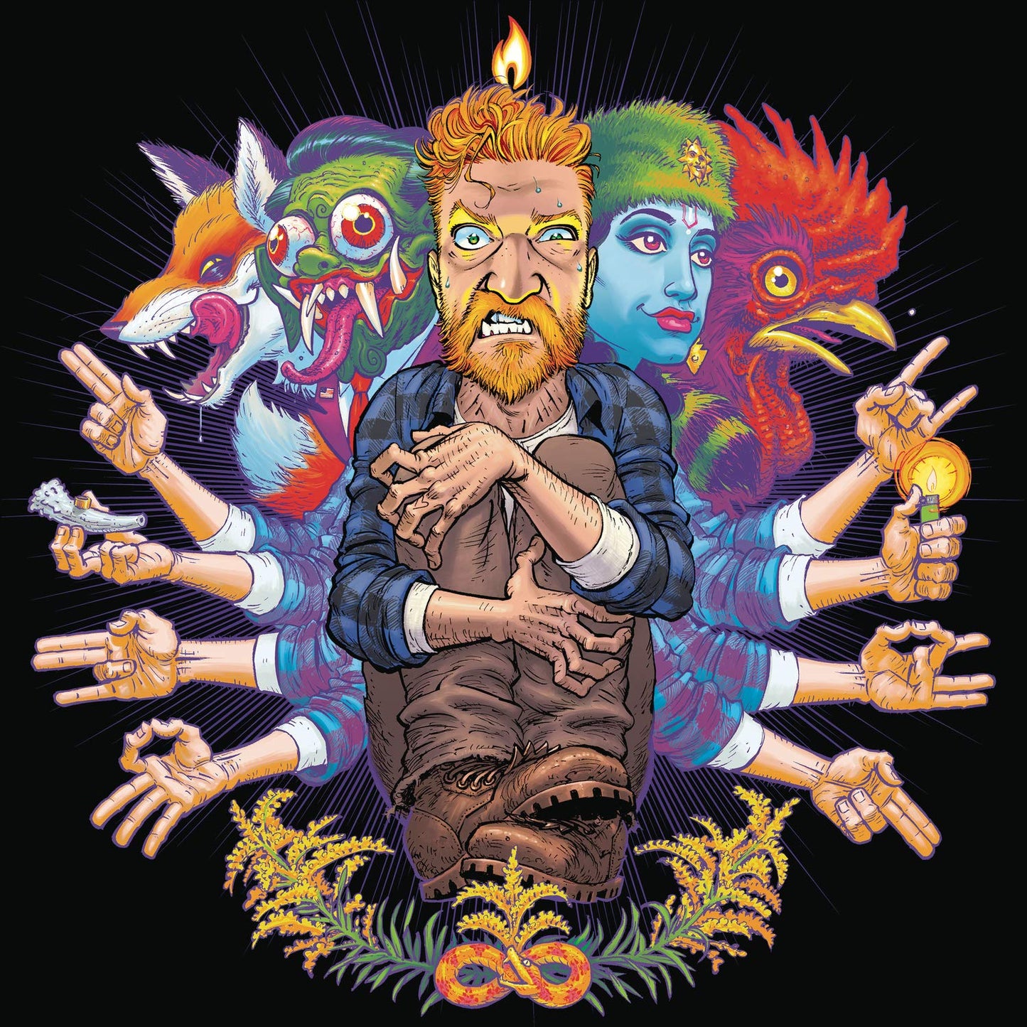 The image depicts a cartoon man surrounded by multiple arms and fantastical creatures. For accessibility purposes, a suitable alt text could be: "Album cover with cartoon man and multiple arms."