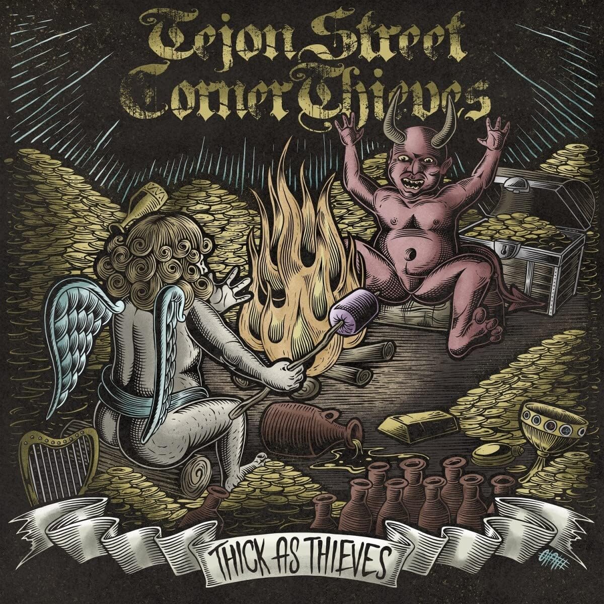 CD cover art: devil and angel by a fire with gold coins.