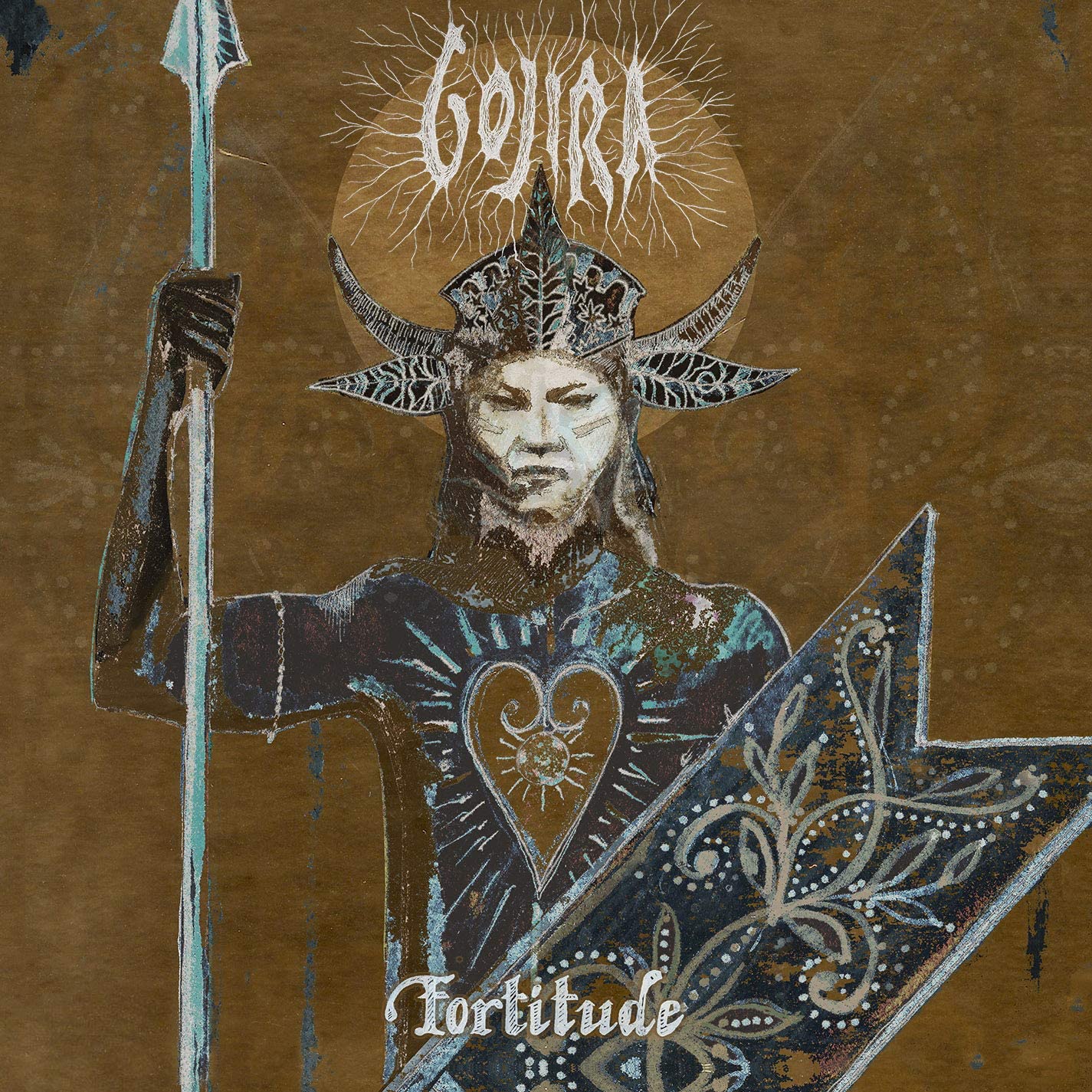 The image is a CD cover for "Gojira - Fortitude". The alt text is: "CD cover featuring a warrior with a spear and shield."