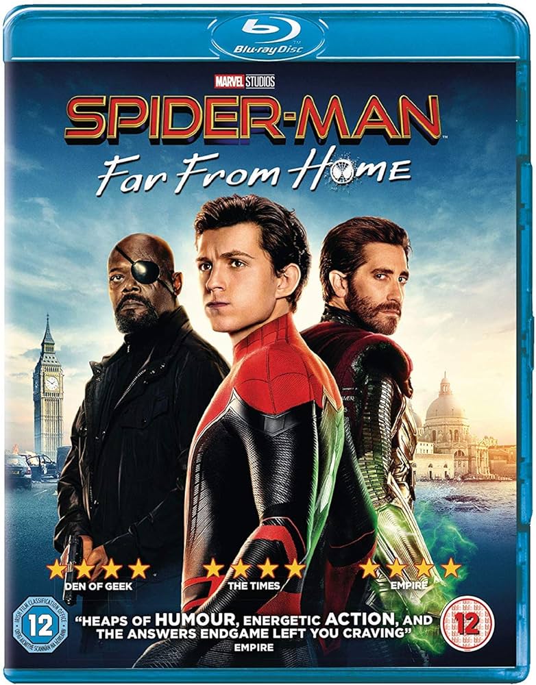 Blu-ray case featuring Spider-Man in a red and blue suit, cityscape background.