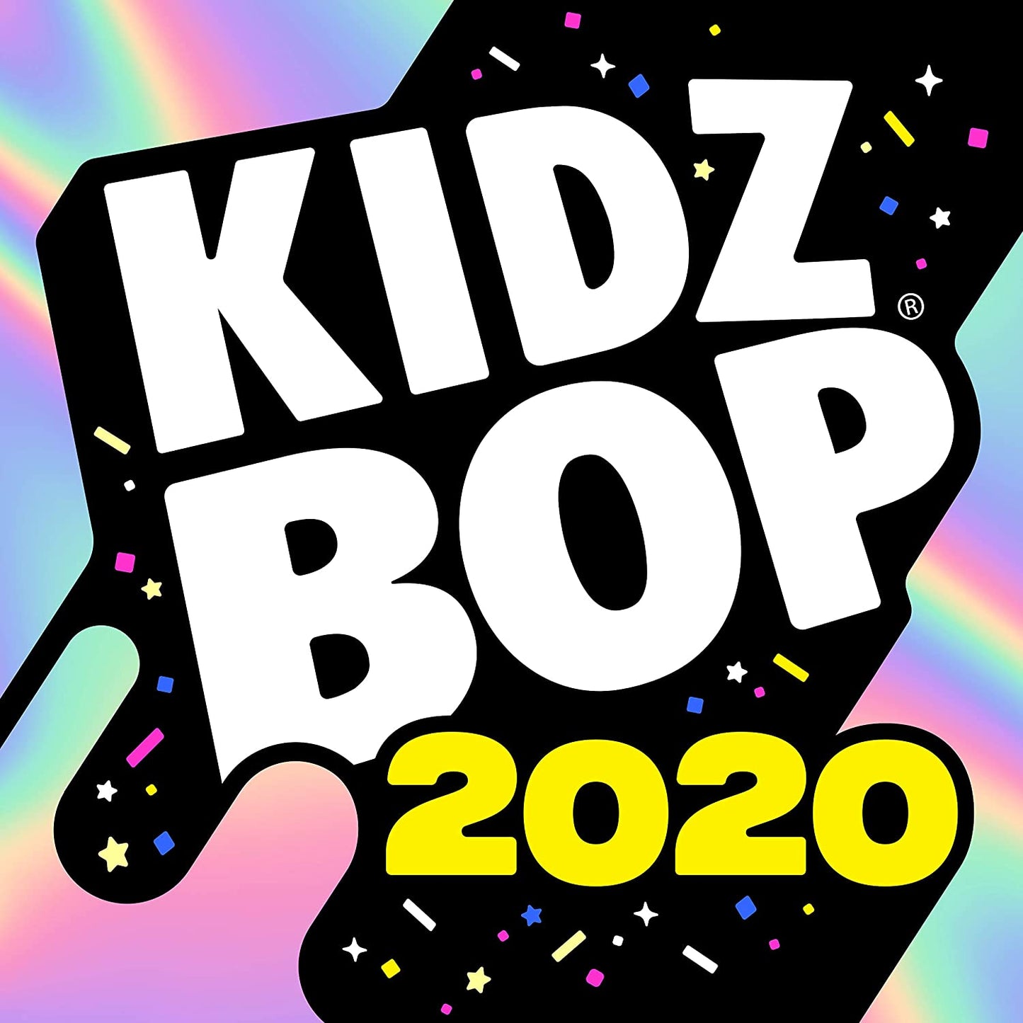 "KIDZ BOP 2020 CD cover with rainbow background, white and yellow text on black shape."