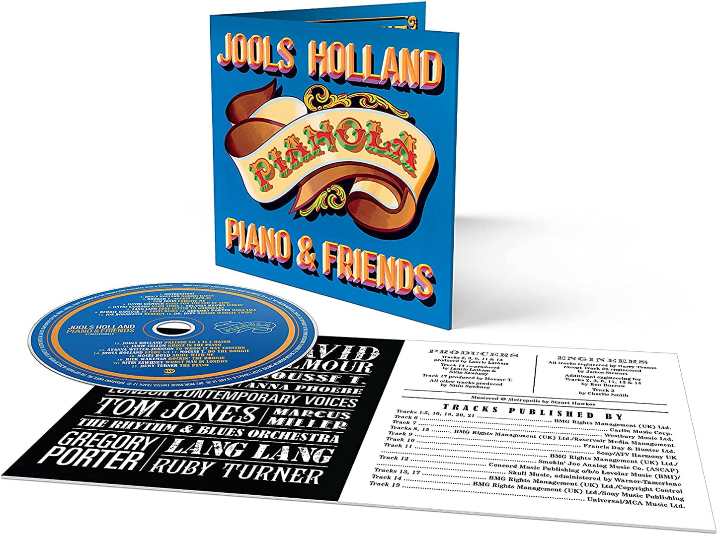 "CD case with blue cover, discs, and booklet on a white background."