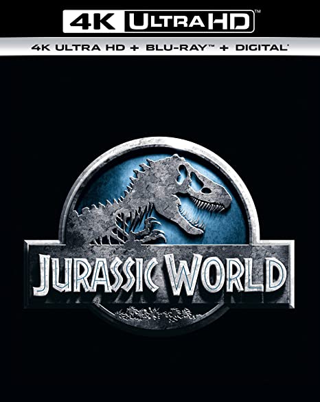 Jurassic World Blu-ray cover featuring dinosaurs and a man on a motorcycle.