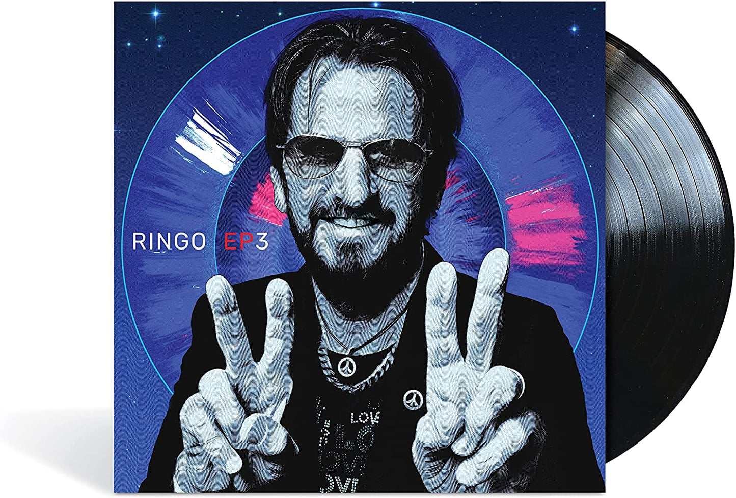 "Vinyl record cover featuring Ringo Starr making peace signs against a starry background."
