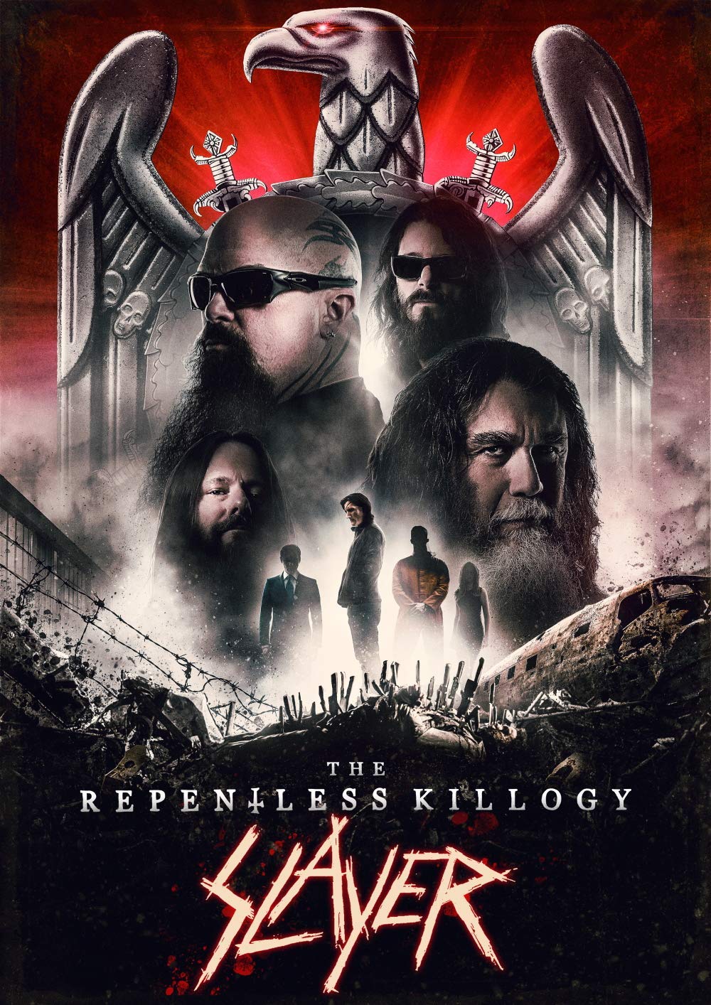 "Slayer band members surround an eagle emblem on a dark, red background Blu-ray cover."