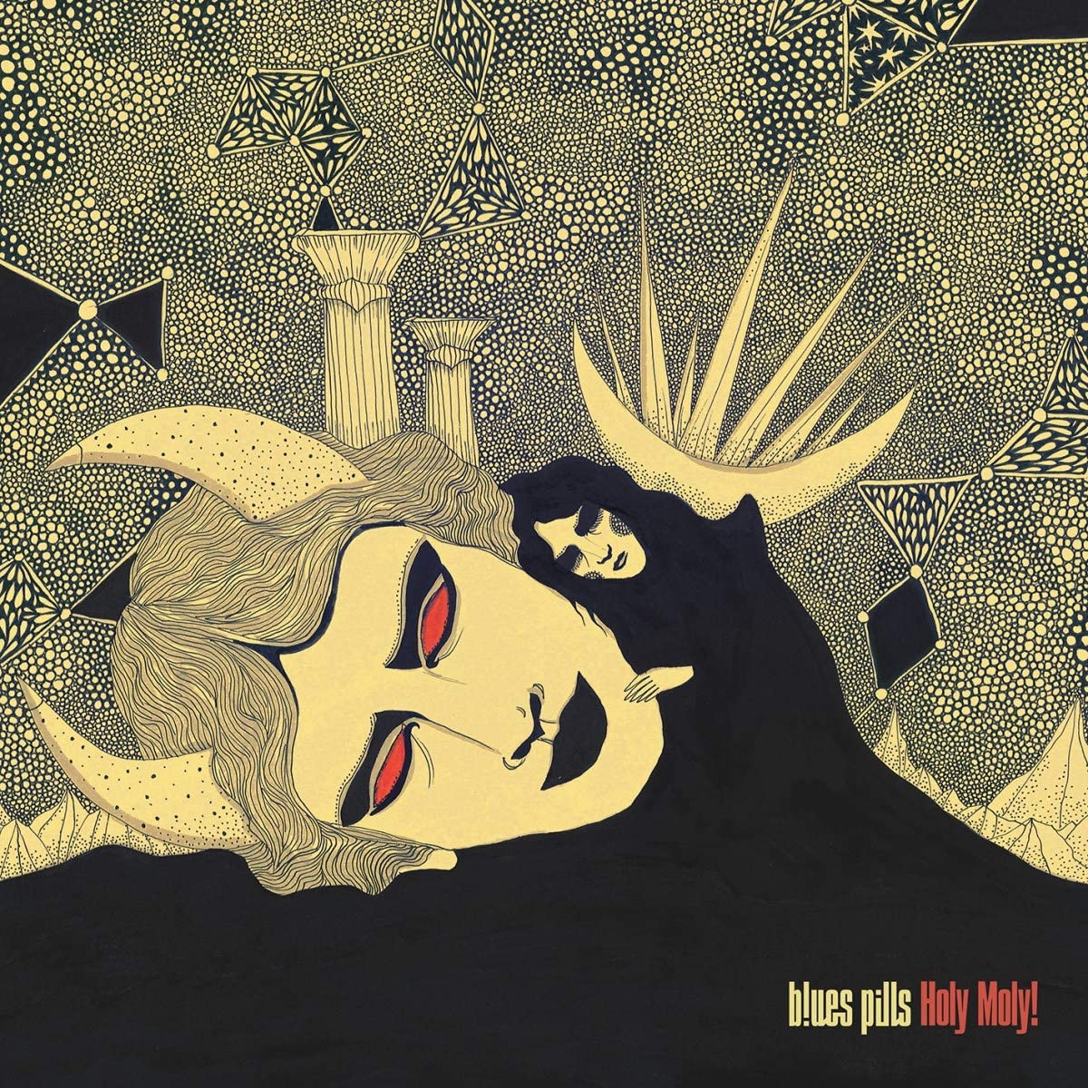 "Album cover art featuring a woman's face with red eyes and patterned background."