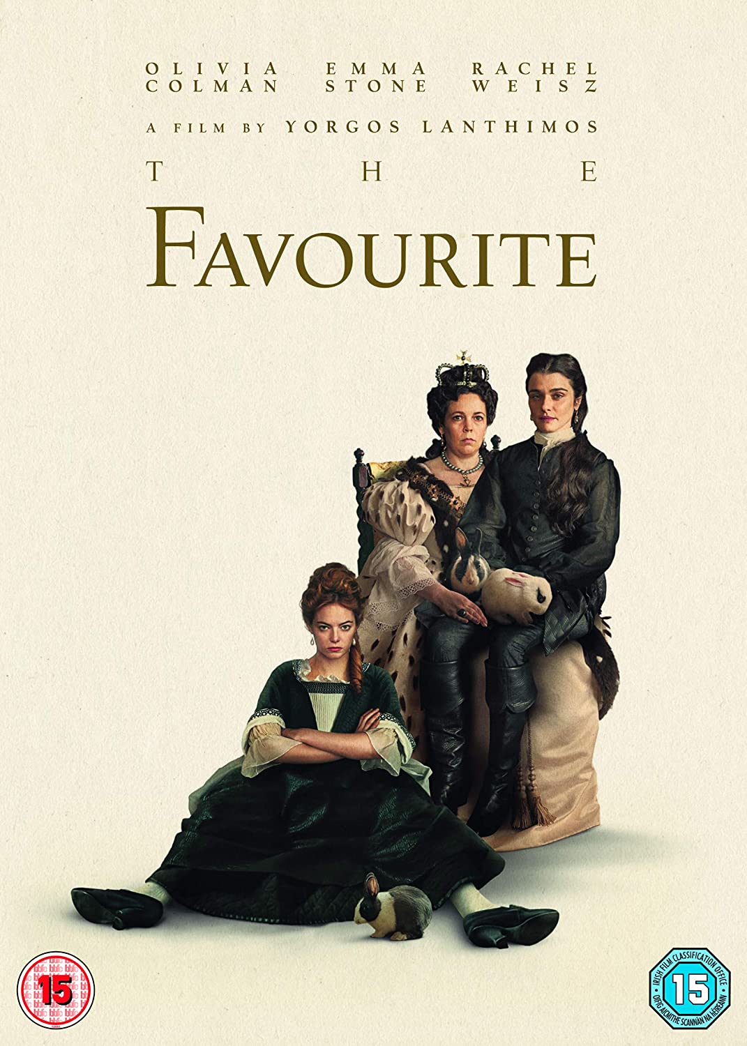 DVD cover for "The Favourite" featuring three women in 18th-century attire.