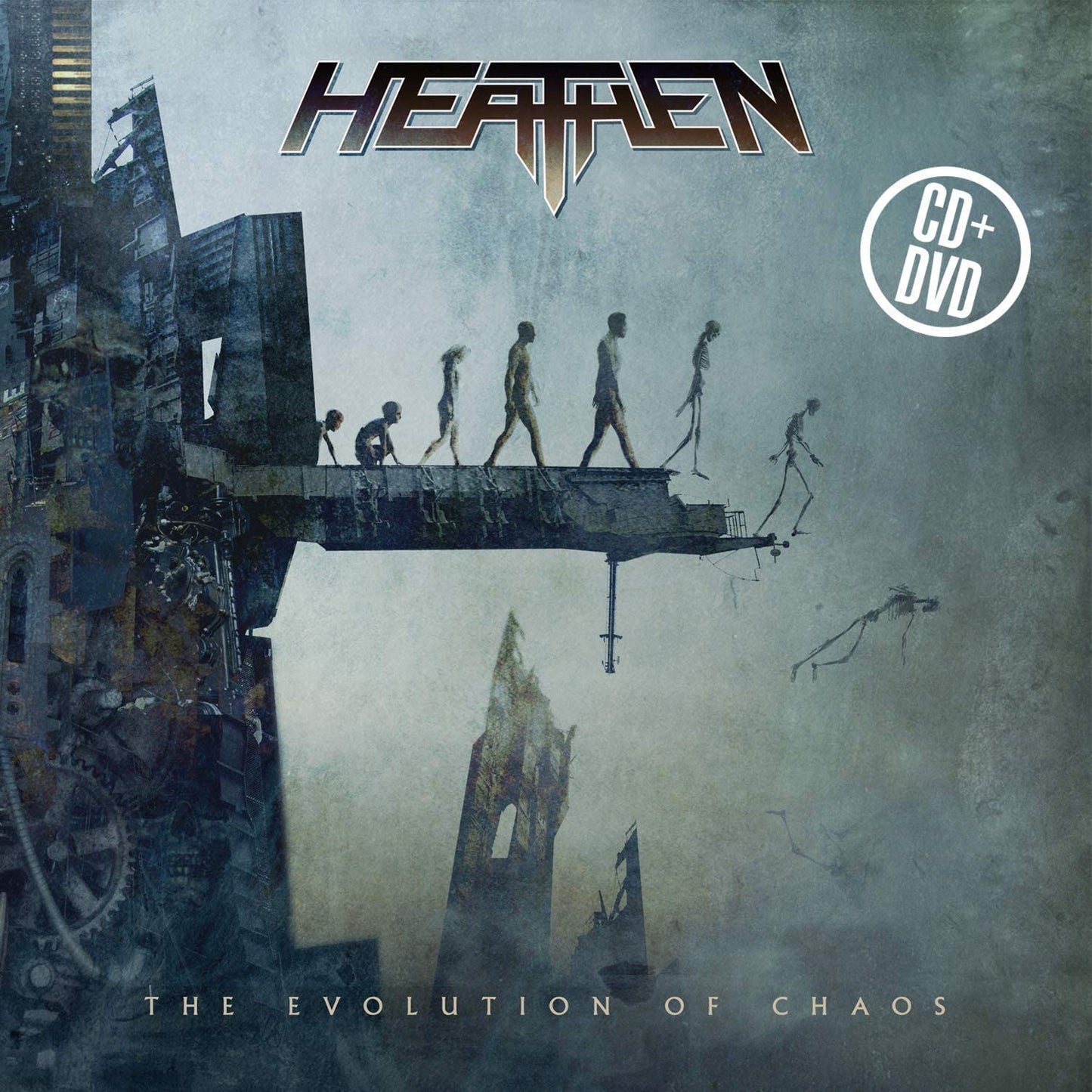 Heathen album cover: surreal, dark artwork with figures on a bridge, ruined landscape.