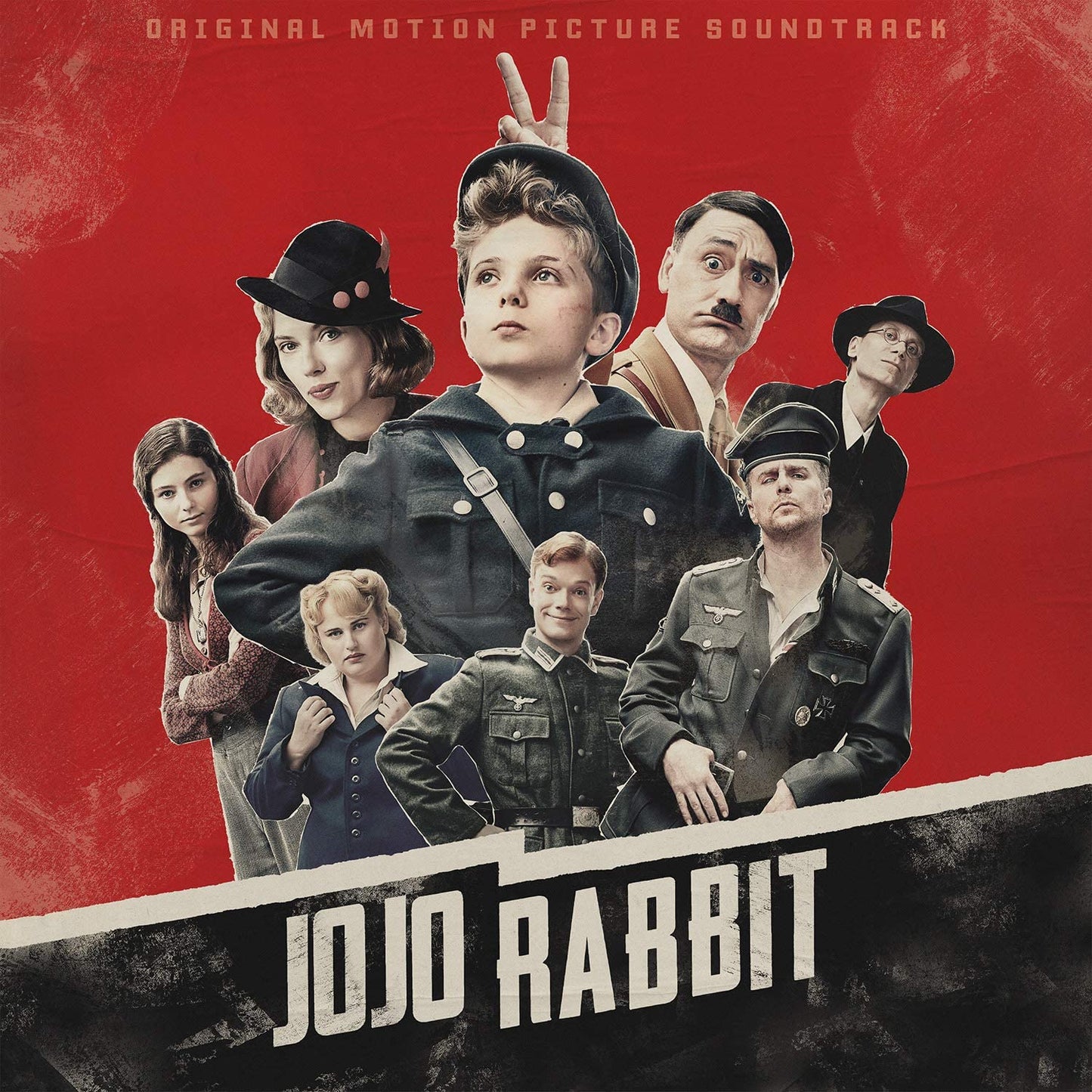 "CD cover for 'Jojo Rabbit' soundtrack featuring characters against a red background."