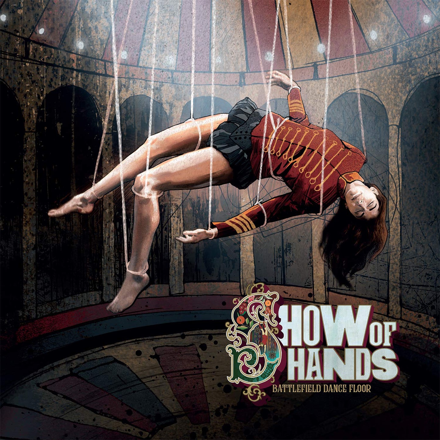 "CD cover art: woman suspended by strings in a red and black outfit."