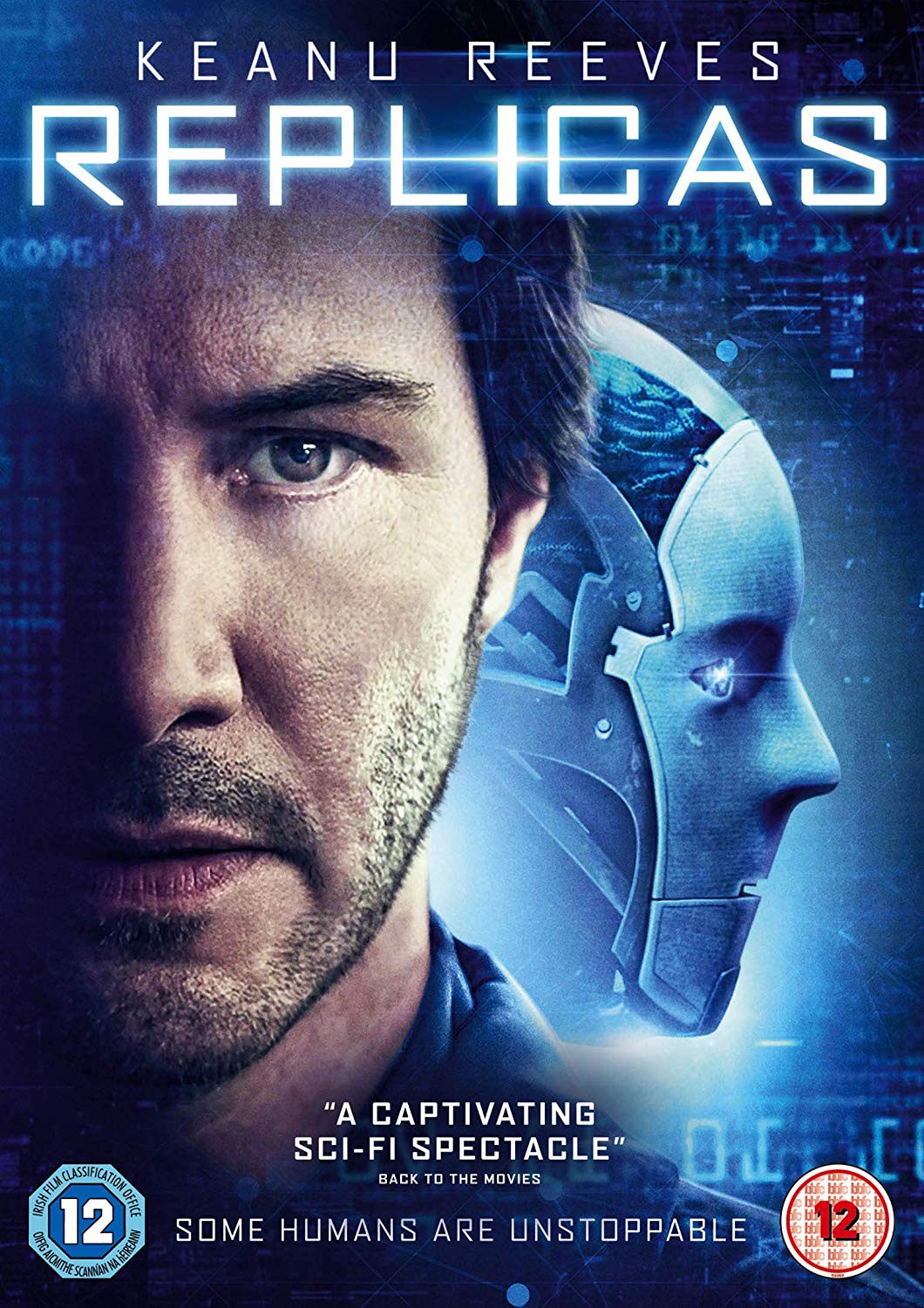The DVD cover for "Replicas" features Keanu Reeves and a robotic face.