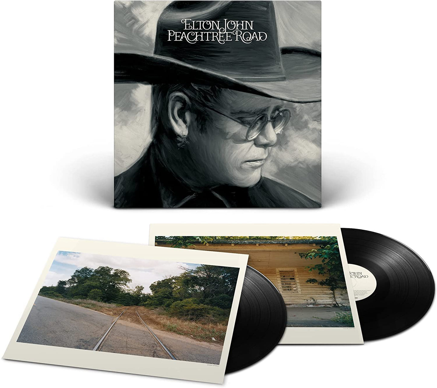 Painted portrait of Elton John wearing a cowboy hat and glasses.