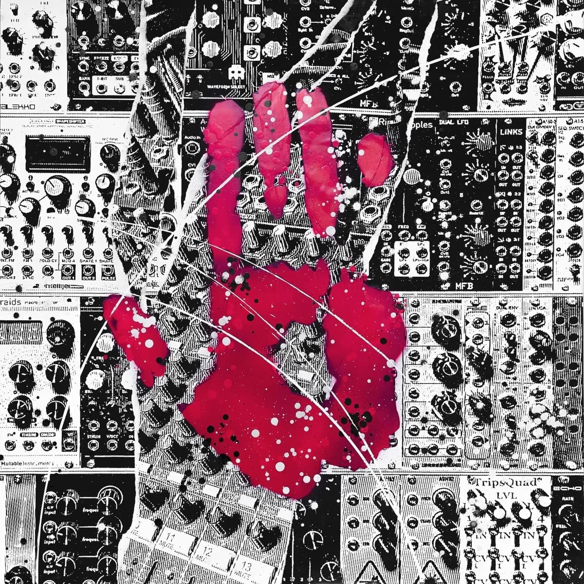 A handprint in red with splatters on a black-and-white synthesizer background.