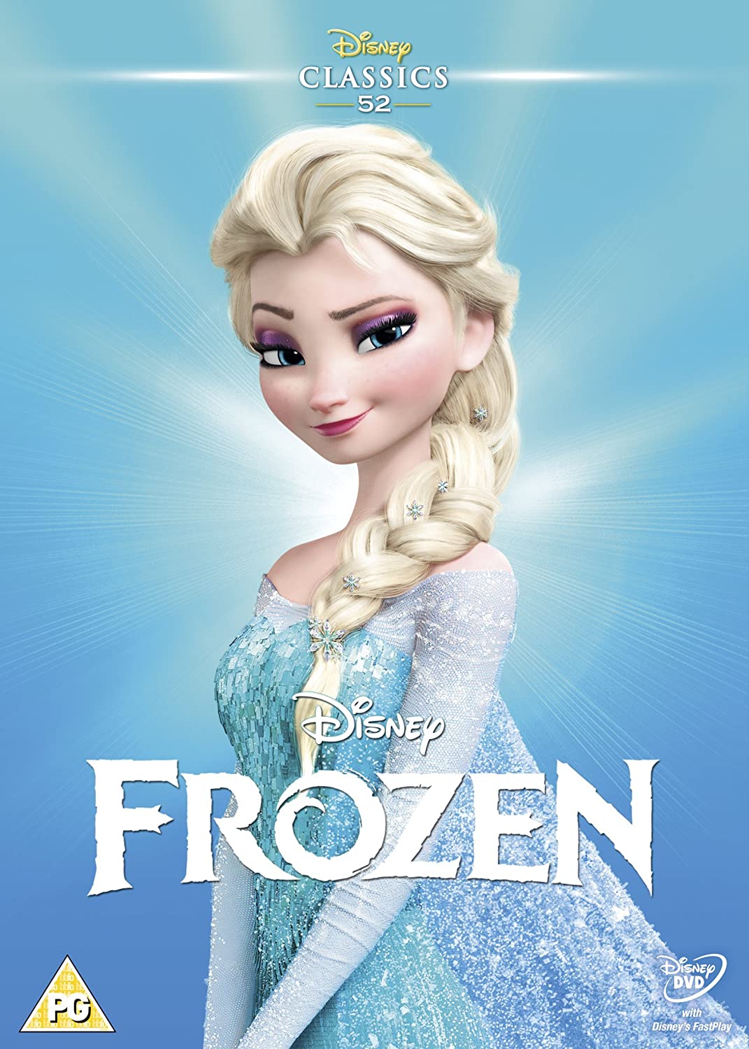 "Disney Frozen DVD cover featuring main characters, including Olaf, Sven, and the royal siblings."
