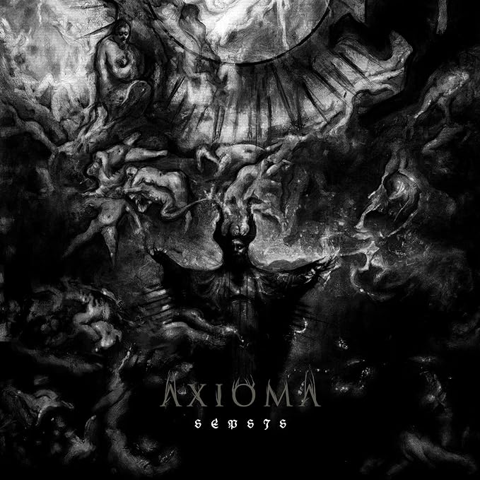 Dark, textured album cover for Axioma’s “Sepsis” with figures and text.