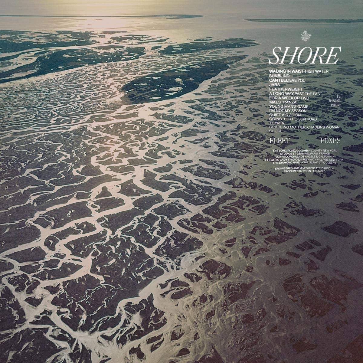 "Album cover with aerial view of a shoreline and white text listing song titles."