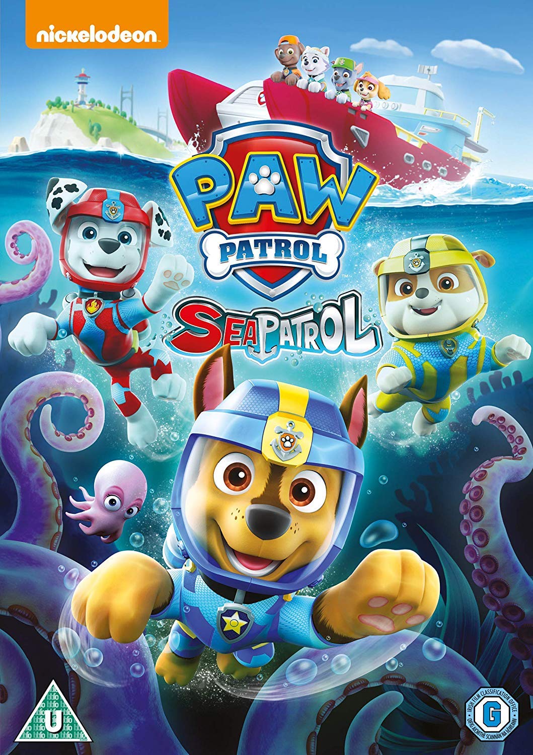 Paw Patrol characters in diving gear underwater with a rescue boat.