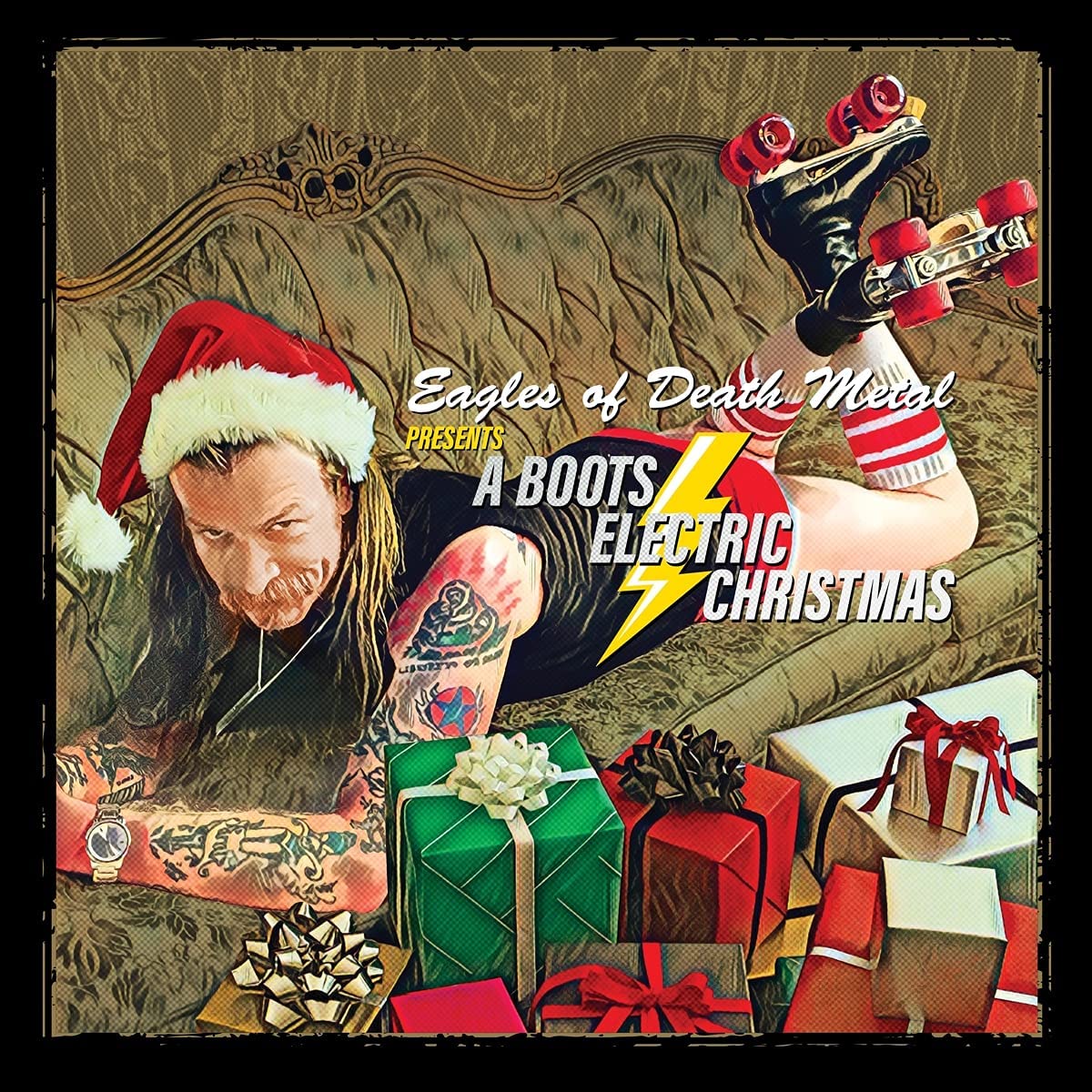 Album cover featuring a man in a Santa hat with roller skates and gifts.