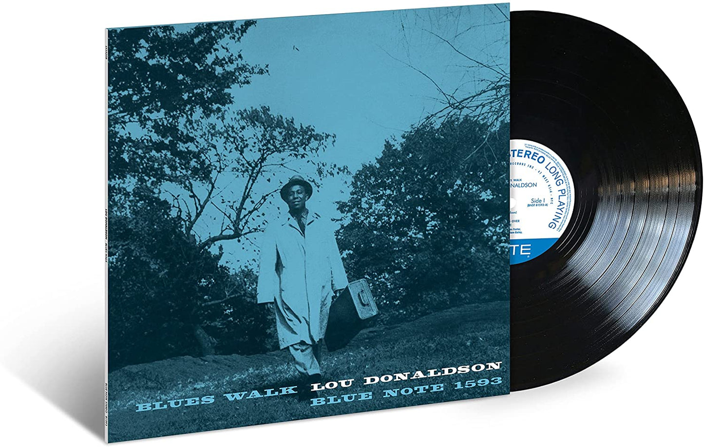Album cover for Lou Donaldson's "Blues Walk" featuring a man with a saxophone.