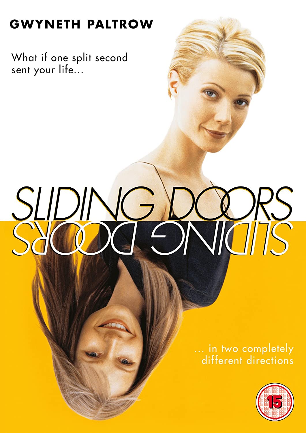 DVD cover of "Sliding Doors" featuring Gwyneth Paltrow, with two images of her.