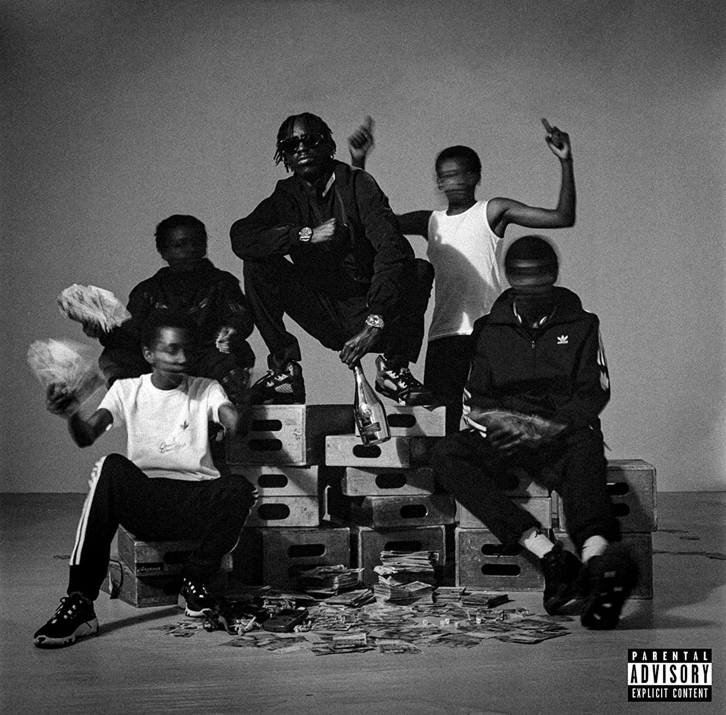 Black and white album cover featuring a group of young men posing.
