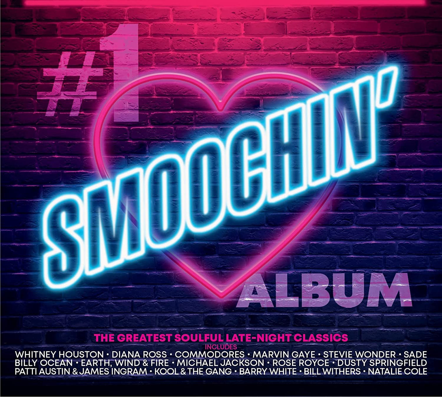 Neon heart on brick wall with text overlay reading Smoochin' Album and listed artists.