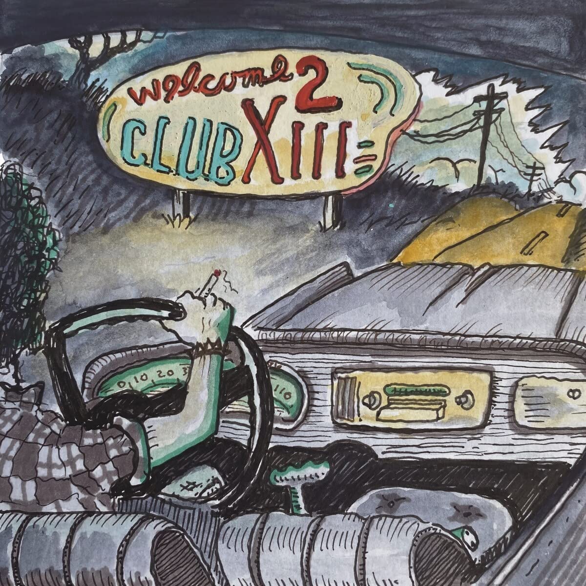 Hand-drawn album cover for Drive-by Truckers, featuring a car and sign.