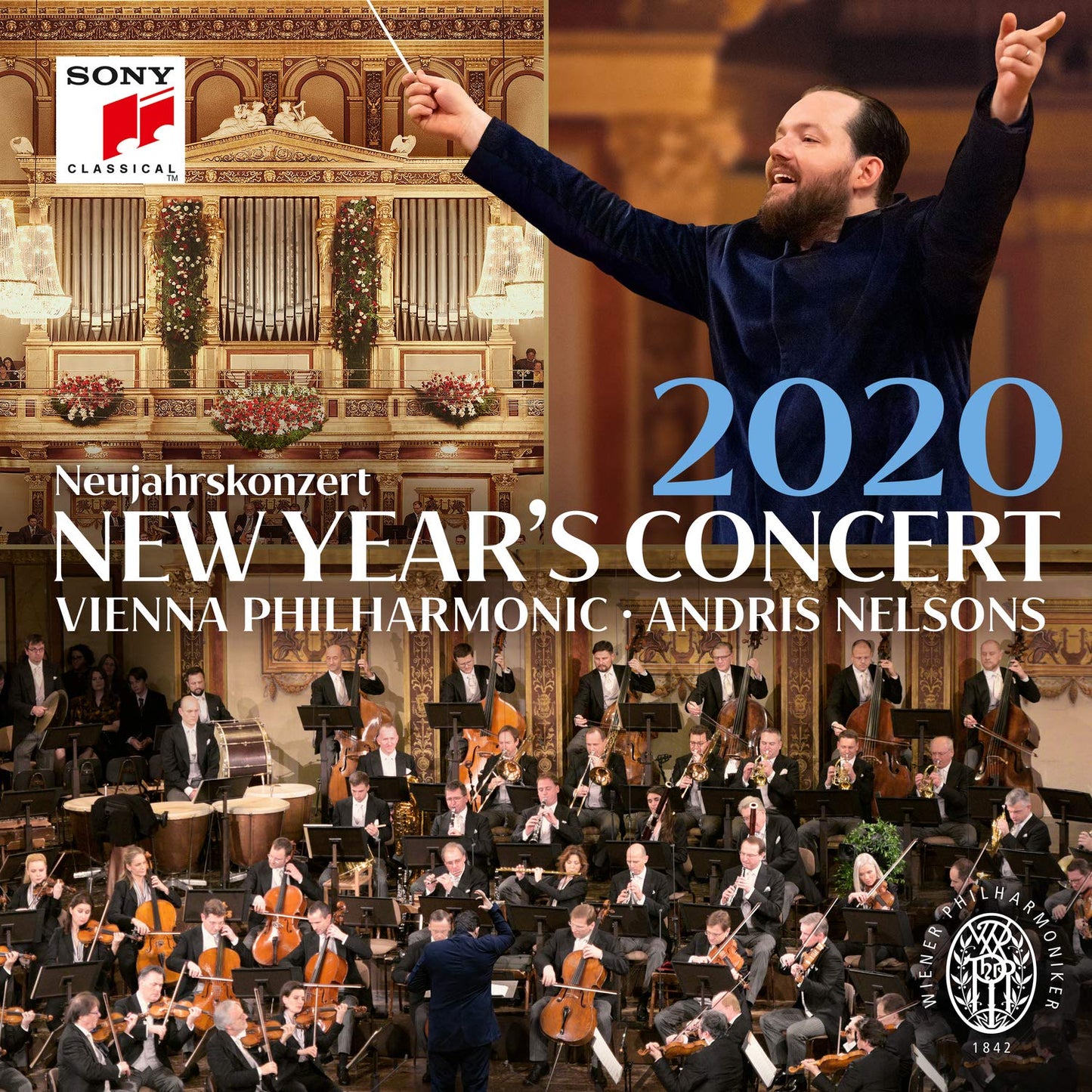 "CD cover featuring conductor Andris Nelsons and the Vienna Philharmonic orchestra performing."
