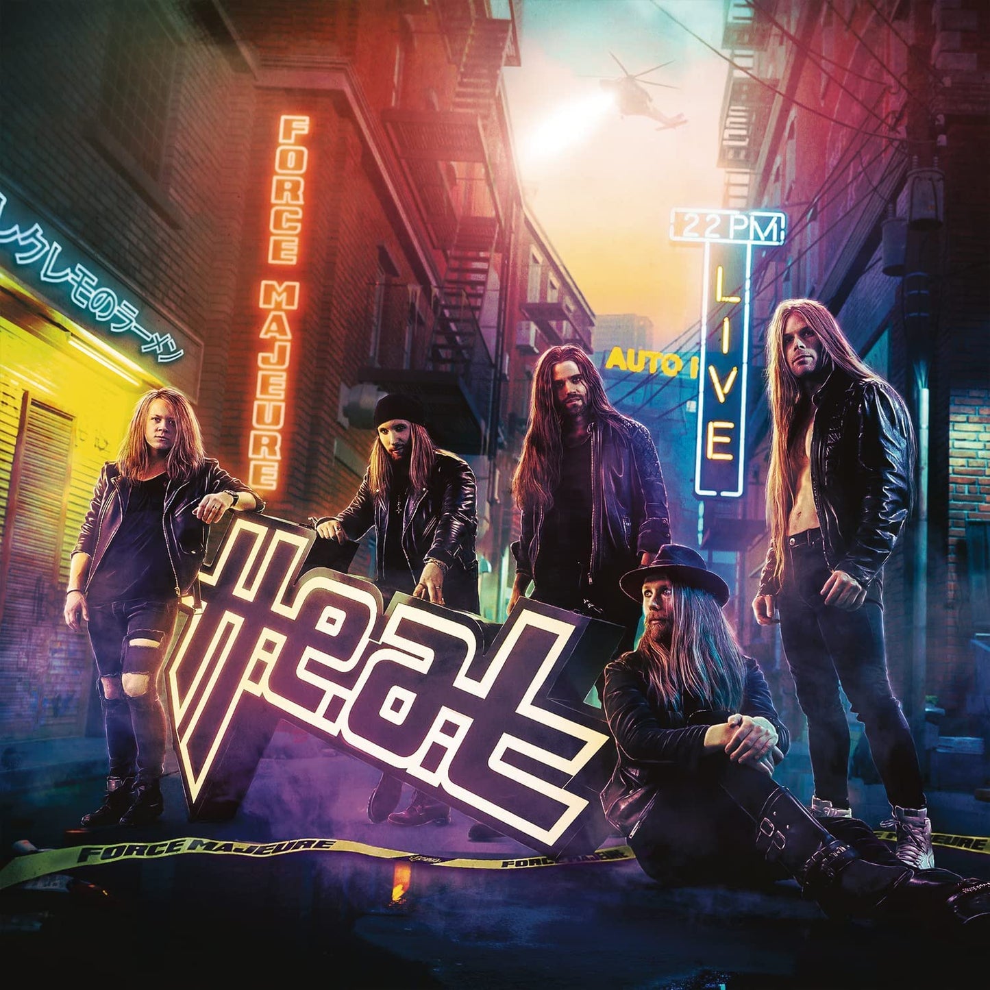 "Album cover featuring the band H.E.A.T with four members in a city alleyway."