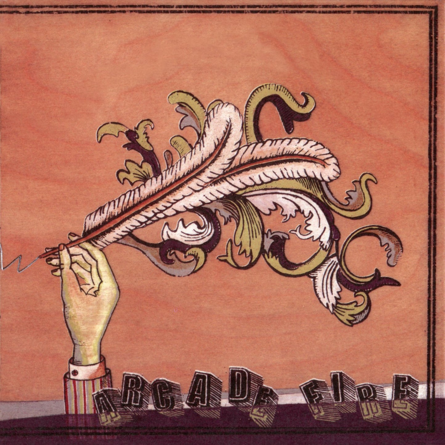 "Album cover art: hand holding feather pen, decorative swirls, 'Arcade Fire' text at bottom."