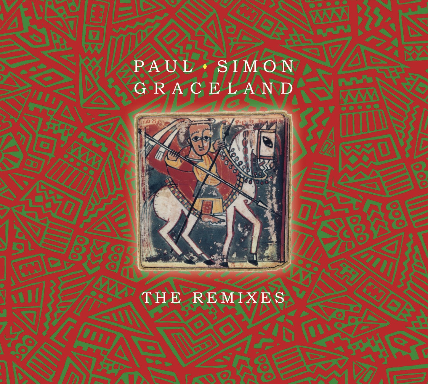 Red and green album cover with man on horse illustration.