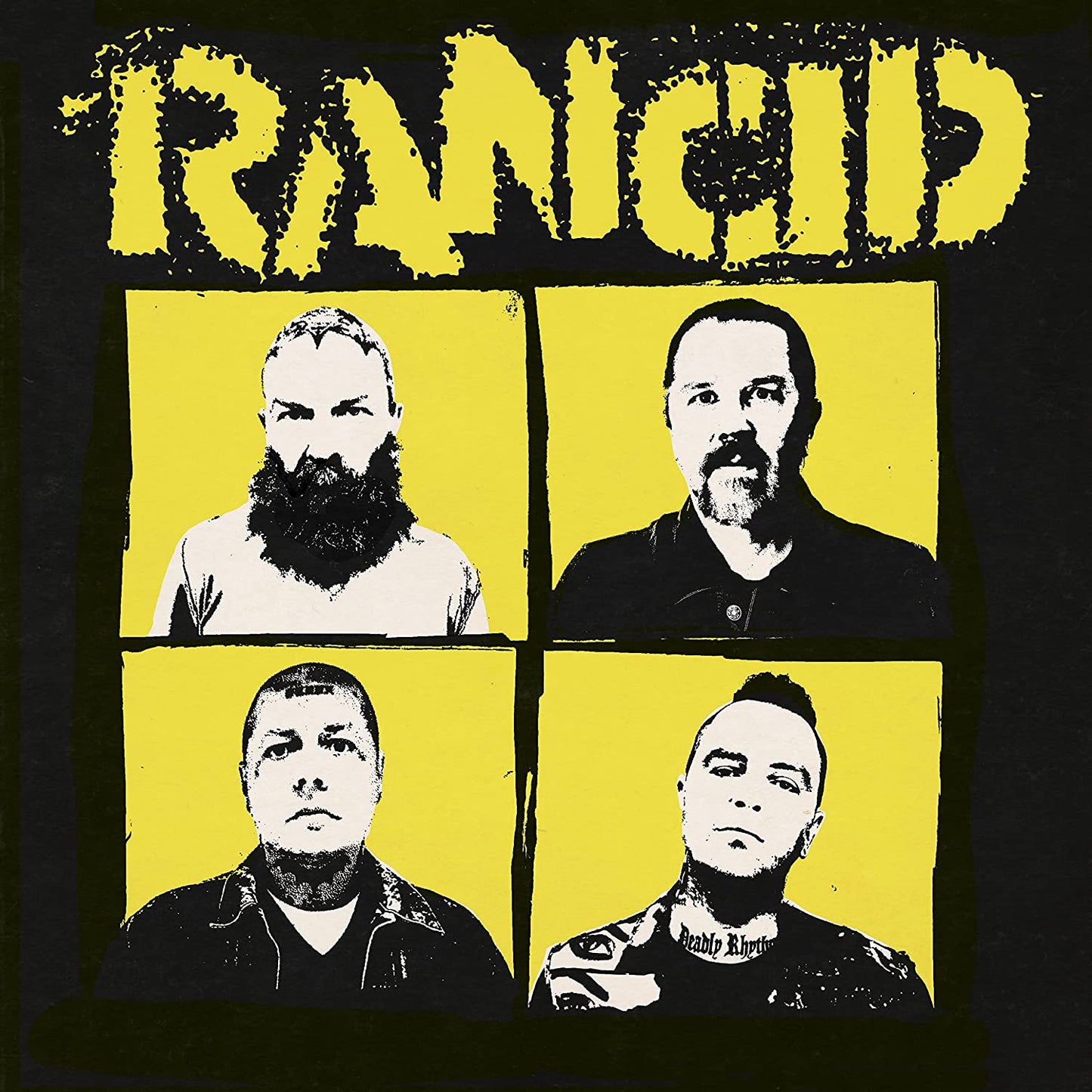 "Album cover with four black and white portraits on yellow background, titled 'Rancid'."