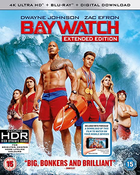Baywatch Blu-ray cover featuring Dwayne Johnson, Zac Efron, and cast on a beach.