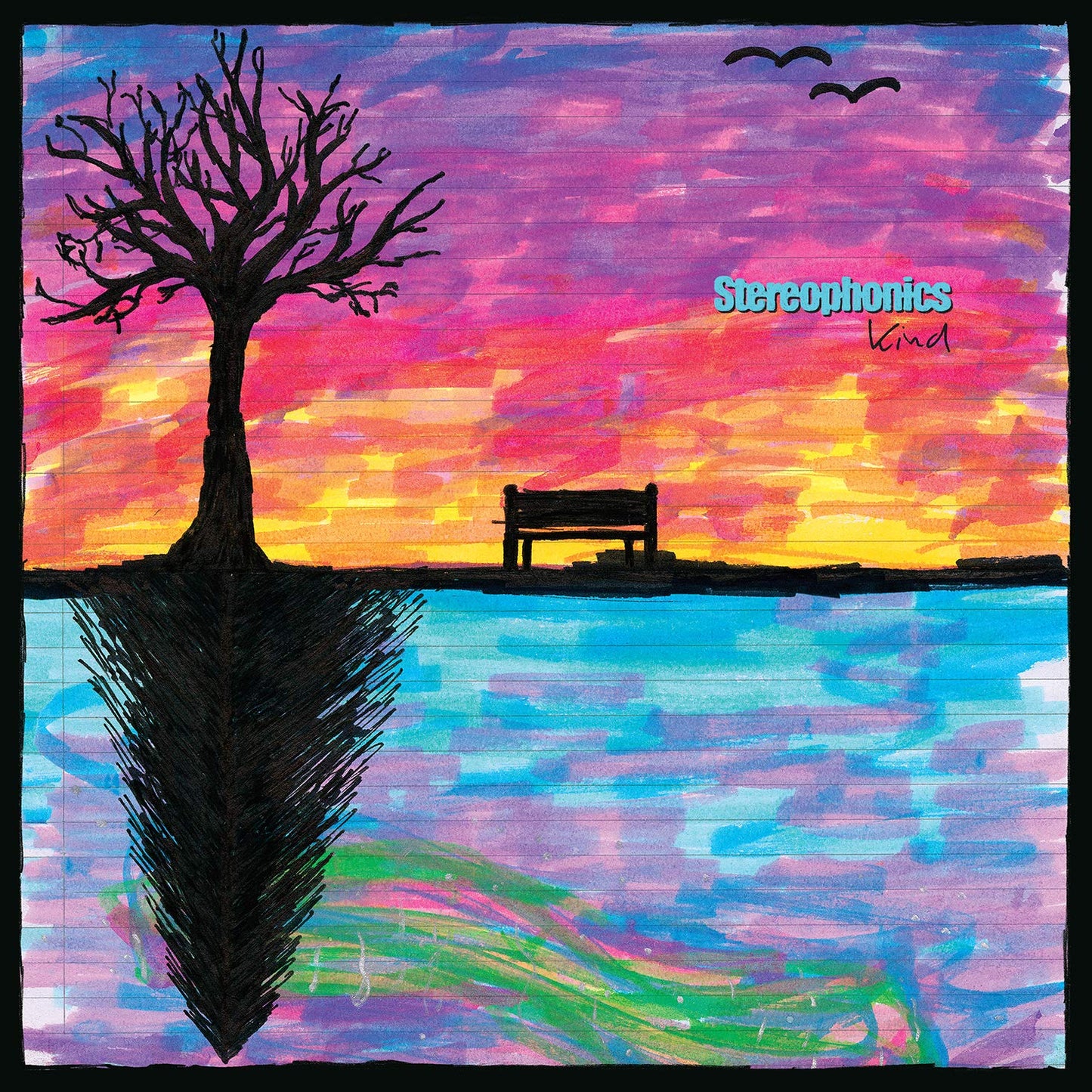 "Album cover art featuring a bench, tree, and colorful, abstract water and sky."