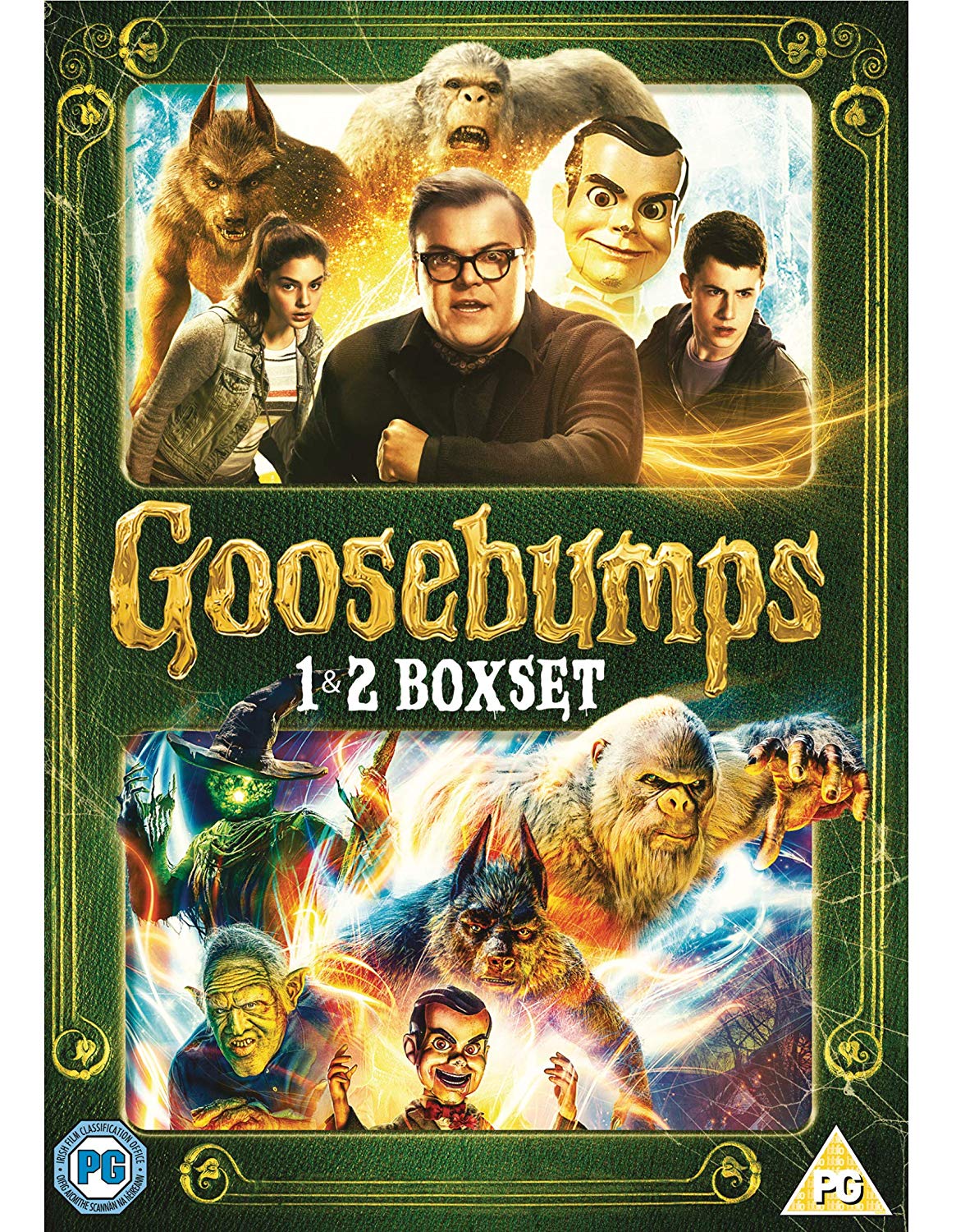 "Goosebumps 1 & 2 DVD boxset cover featuring characters and monsters in a green border."