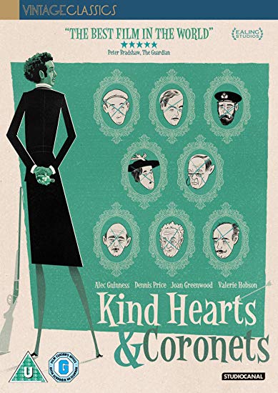 DVD cover for "Kind Hearts & Coronets" featuring a woman and eight portrait frames.
