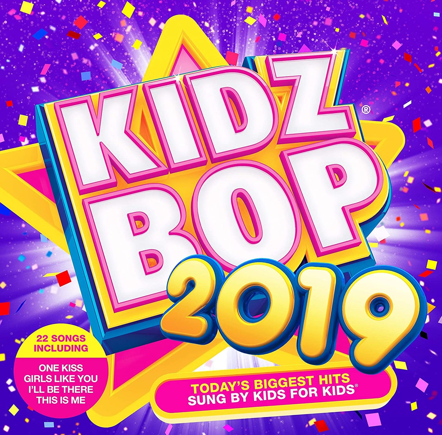 "KIDZ BOP 2019" CD cover with purple background, star, and colorful confetti.