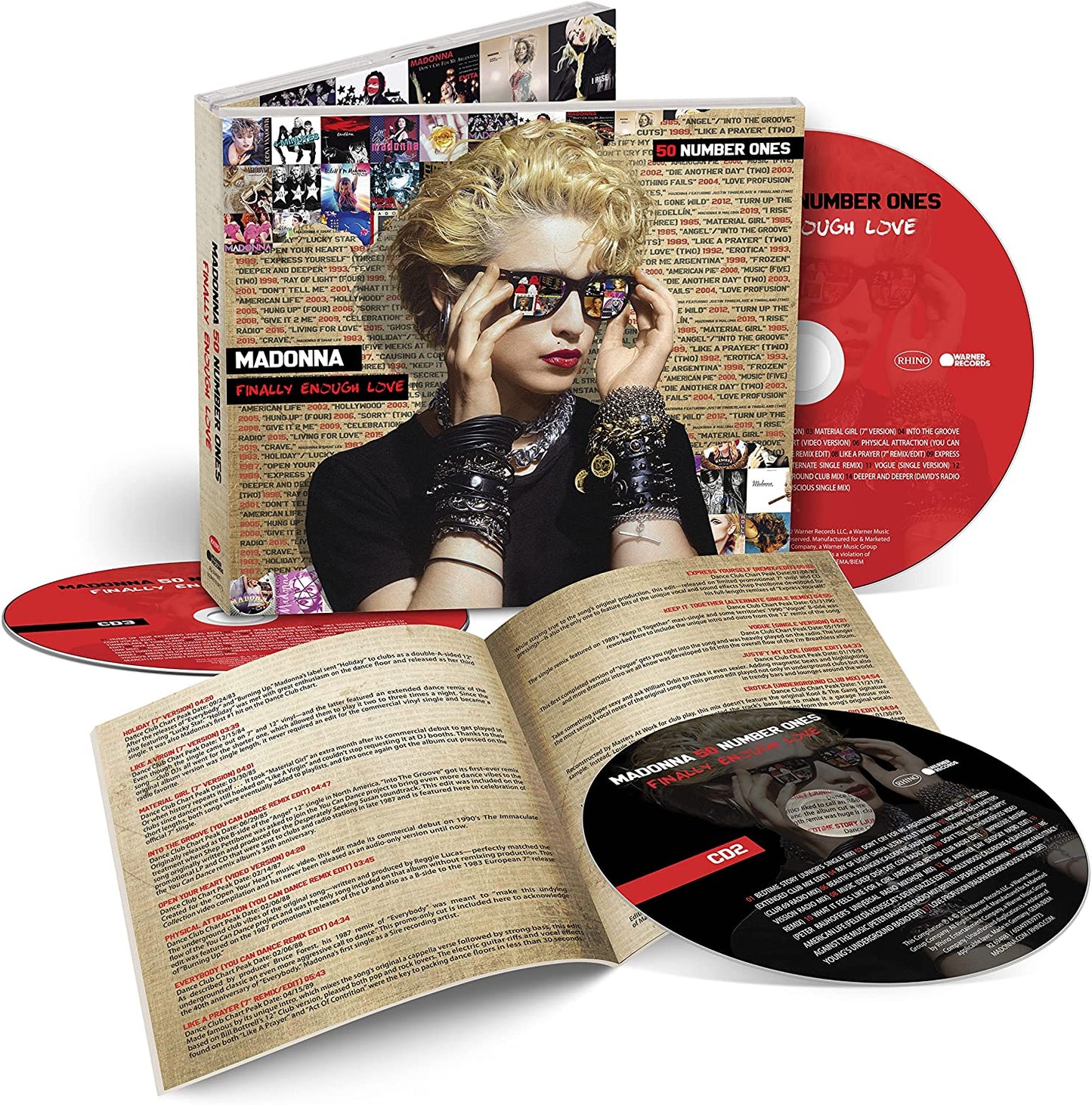 Madonna album cover: blonde woman with sunglasses, black shirt, and layered jewelry.