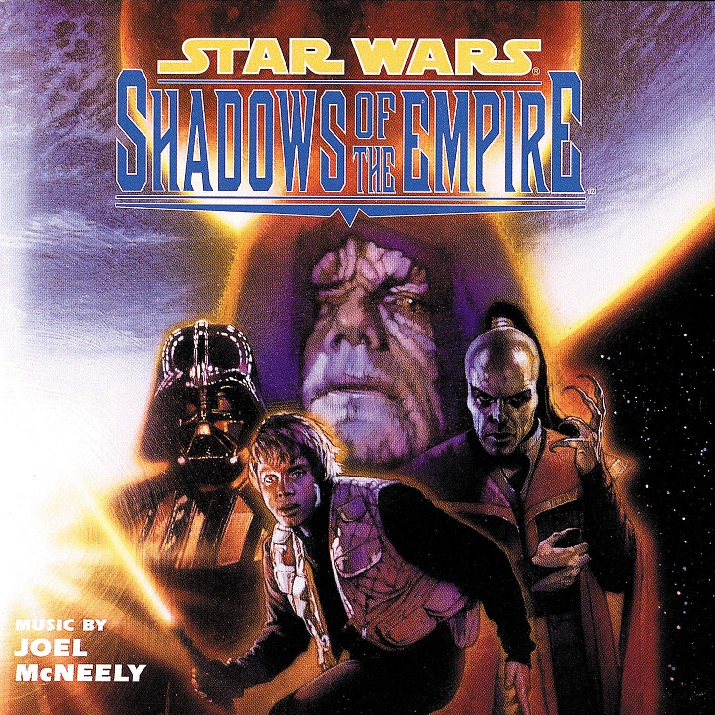 "Star Wars: Shadows of the Empire CD cover featuring characters from the franchise."