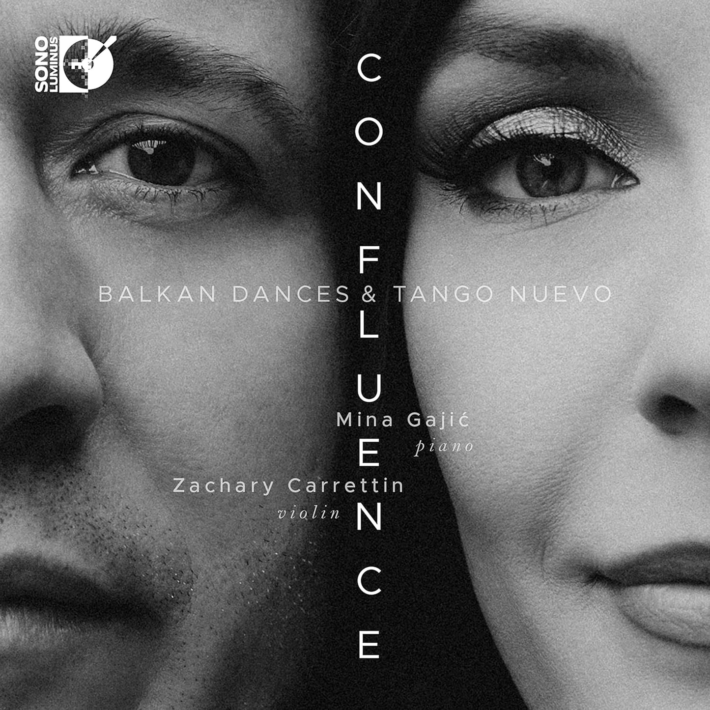 CD cover: split portrait of two musicians, text āConfluenceā vertically aligned.