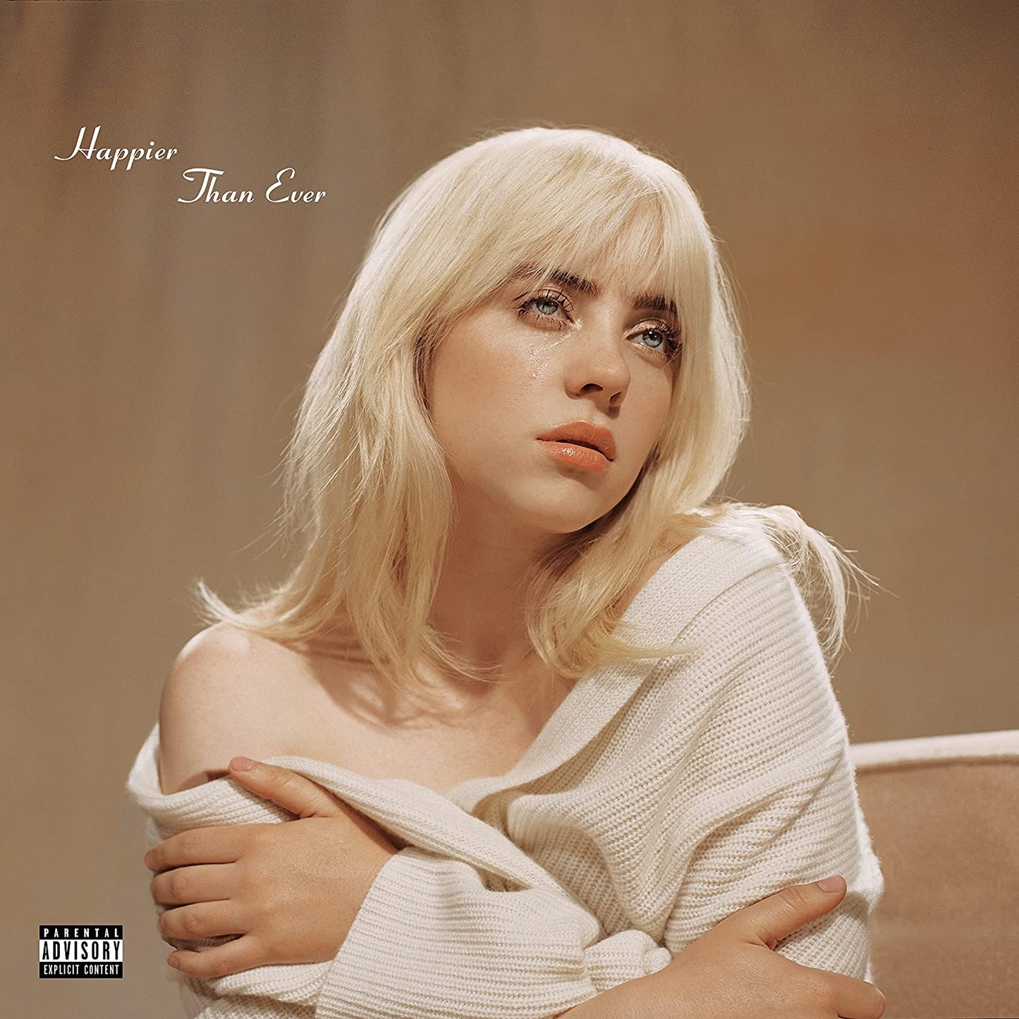 Billie Eilish album cover, close-up portrait with blonde hair.