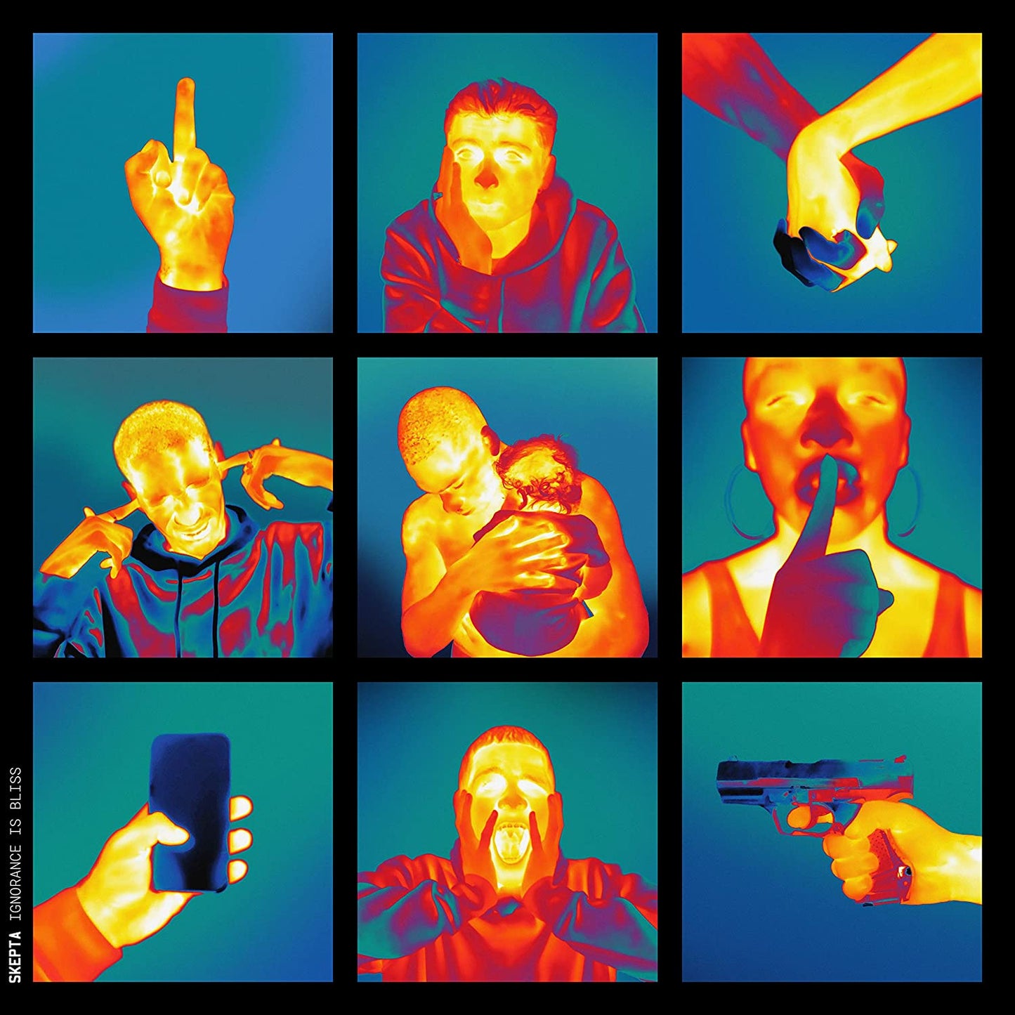"Album cover with nine panels showing a man in various provocative poses."
