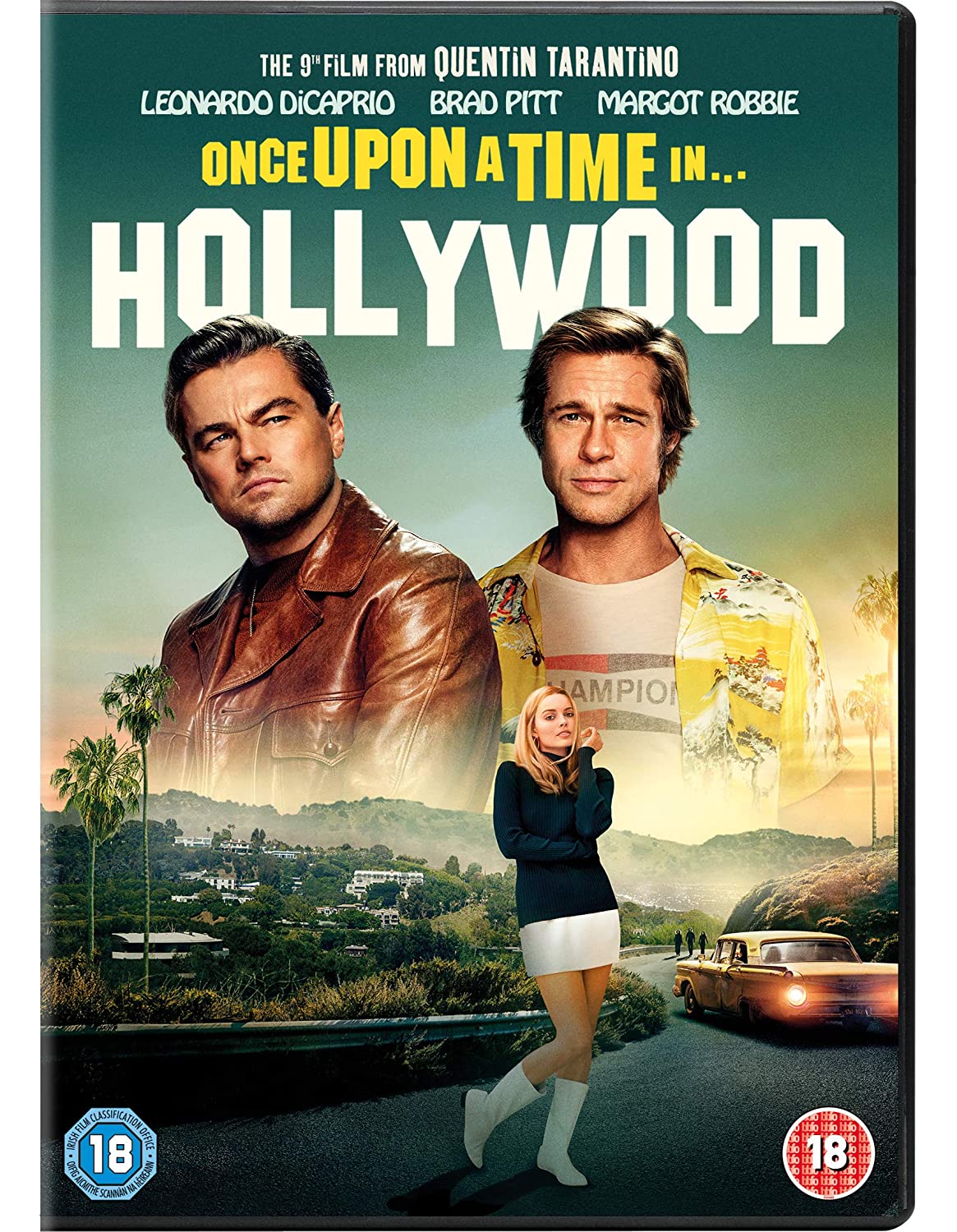 "DVD cover for 'Once Upon A Time In Hollywood' featuring three main characters."