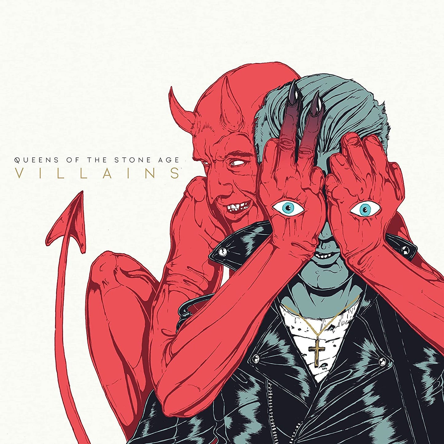 "Album cover art: man with red devil hands covering his eyes, white background."