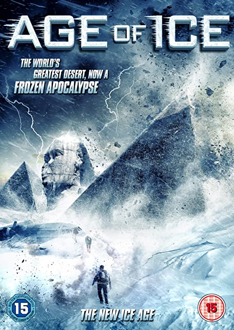 "Age of Ice DVD cover featuring the Sphinx and pyramids in a snowy apocalyptic landscape."