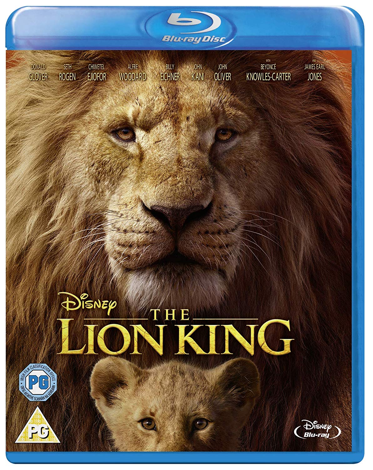 "Blu-ray cover featuring Simba and Mufasa on a rock against an orange sky."