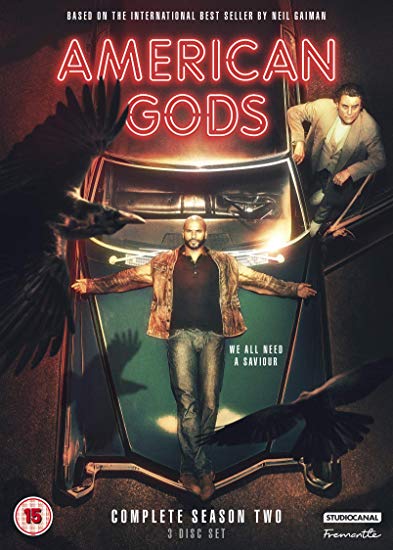 "American Gods Season 2 DVD cover featuring a man in a car surrounded by crows."