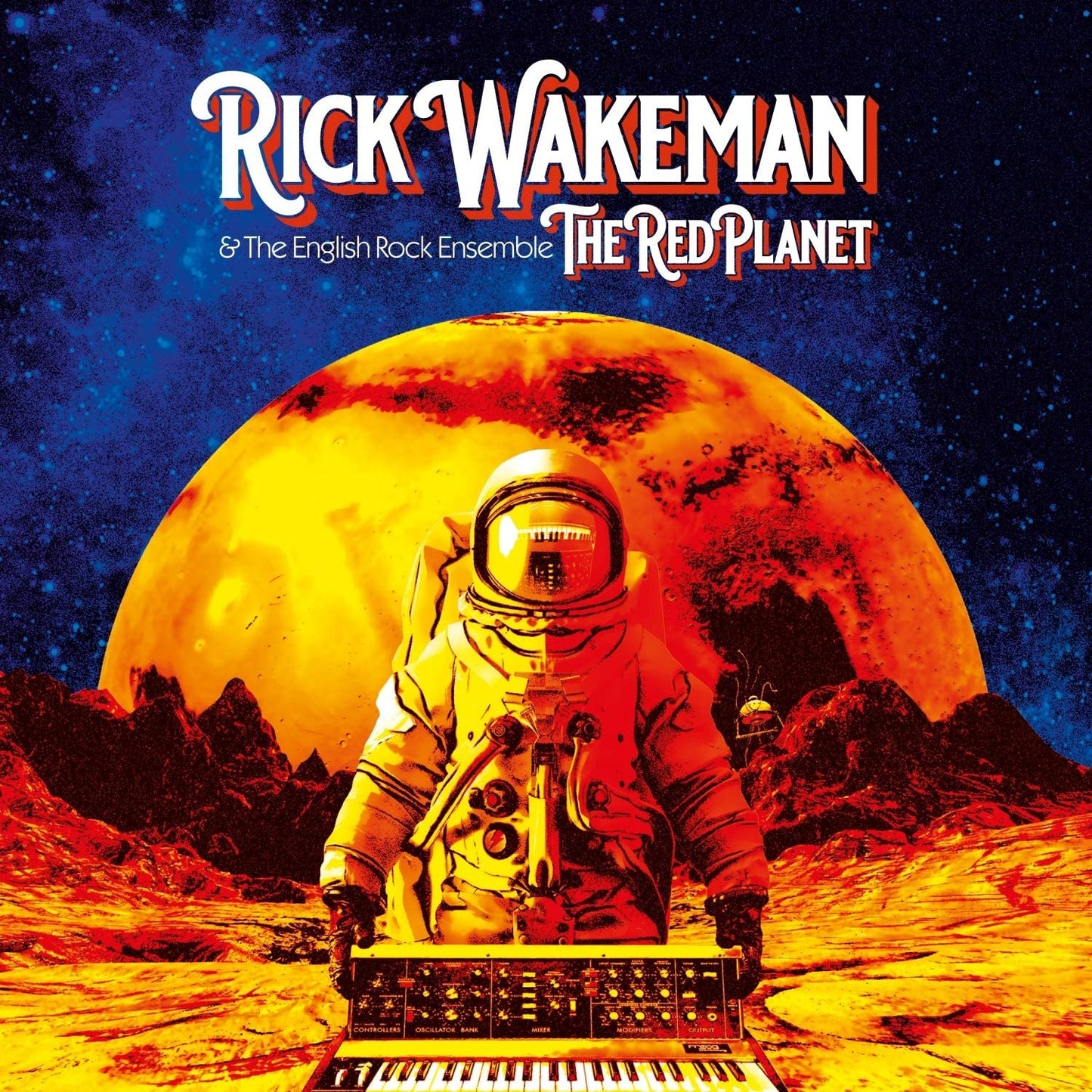 Astronaut in white spacesuit plays keyboard on Mars with large orange planet in the background.