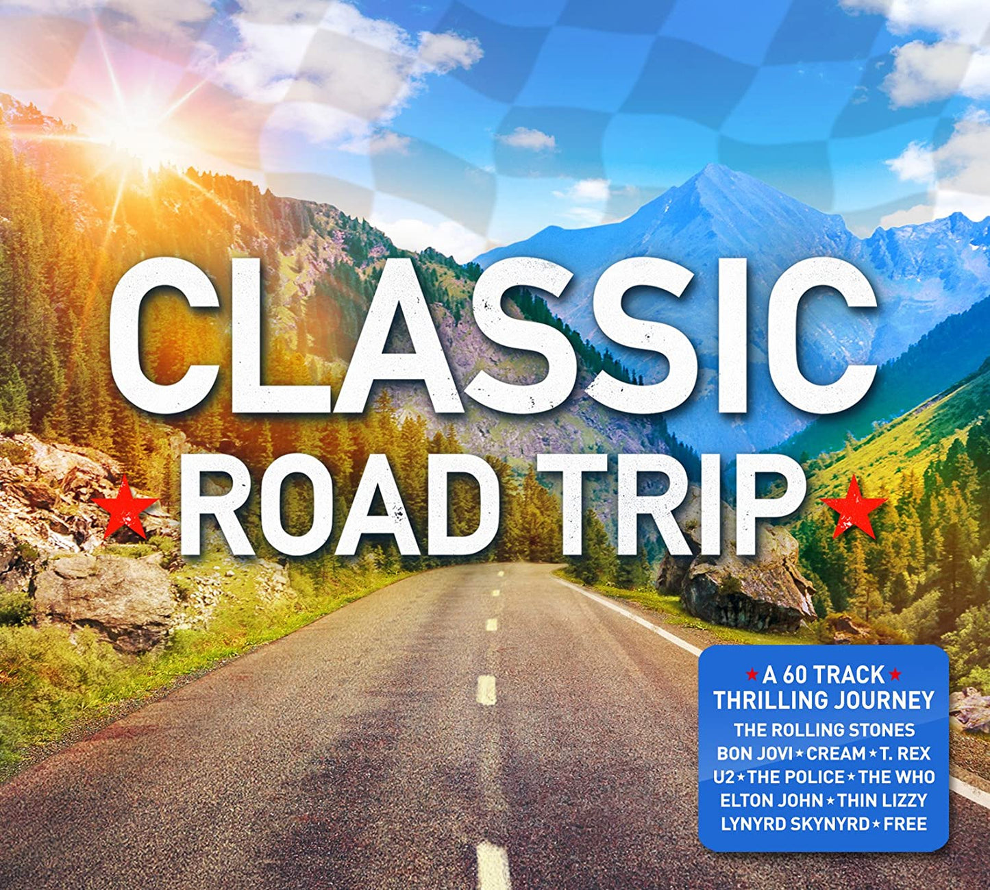 "CD cover with 'Classic Road Trip' text, road, and mountain landscape."