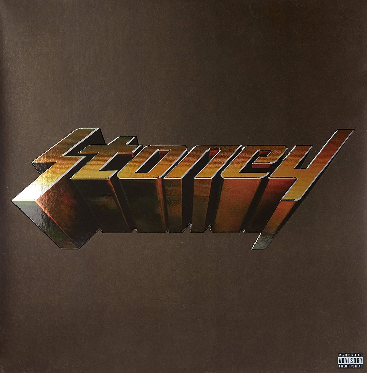 The alt text for the image is: "Album cover with 'Stoney' in 3D gold lettering on a brown background."